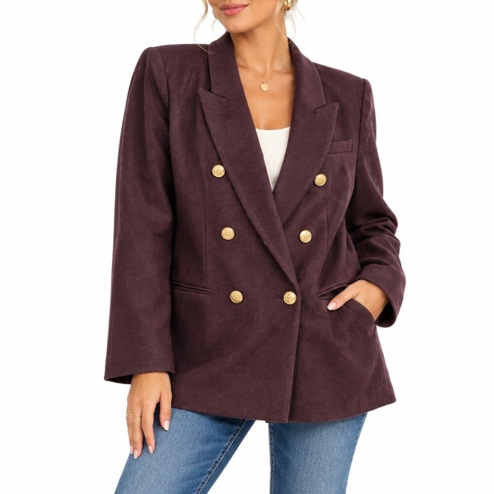 Stephanie Andrews Blazer Women 16 Purple Wool Flannel Gold Button